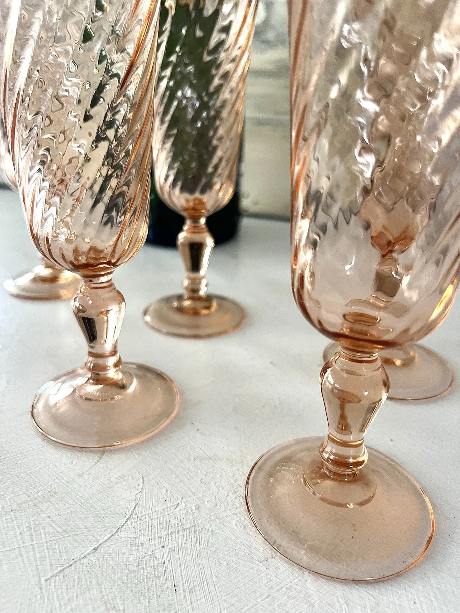 Champagne flutes pink set of 8, French swirl glass stemware rosaline