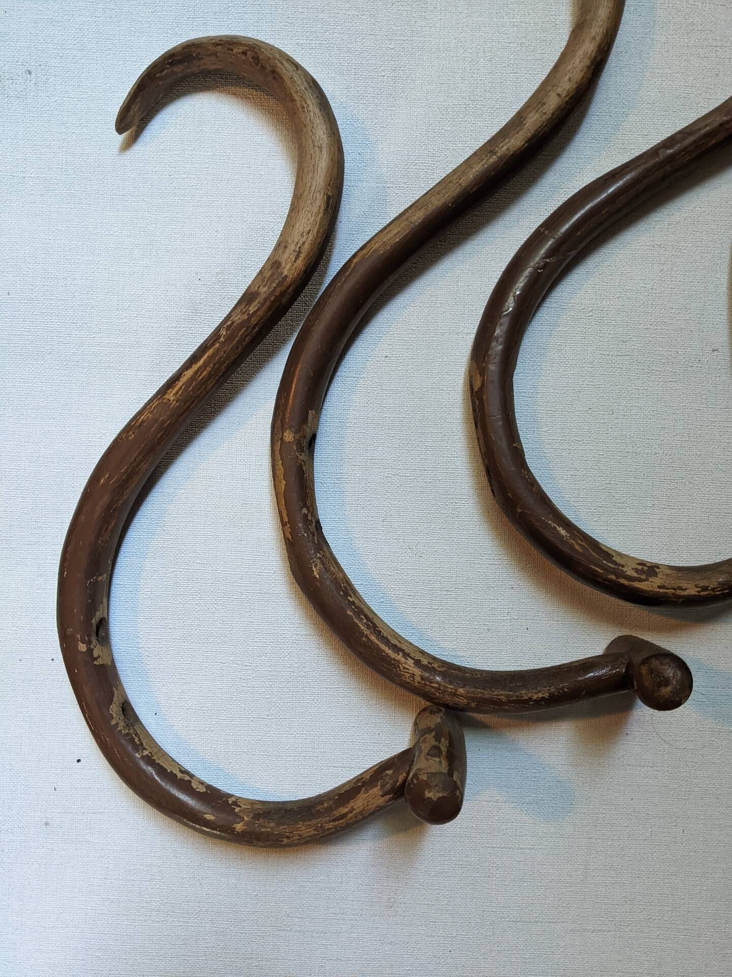 Set of curved wooden coat hooks in Thonet style.