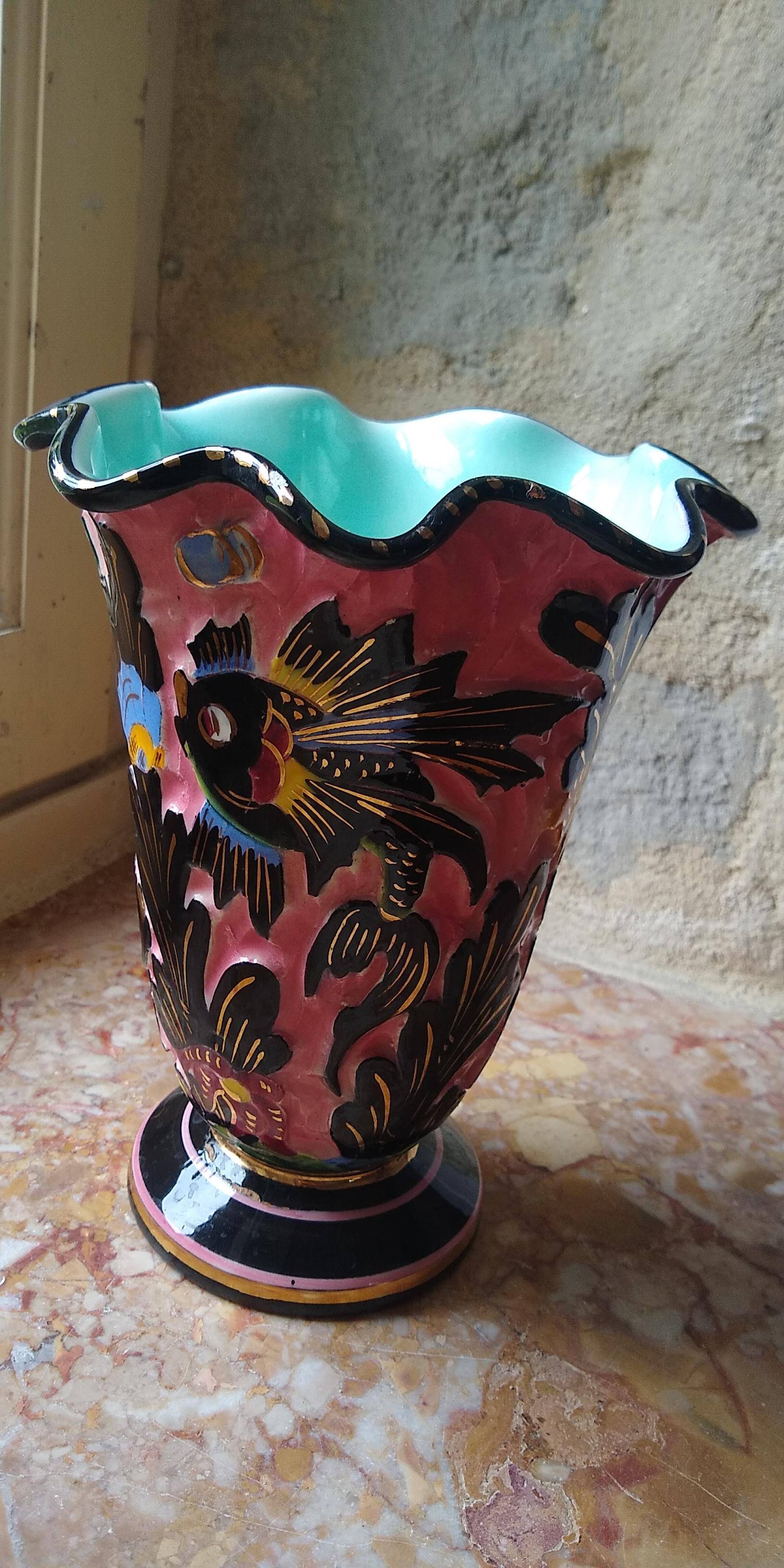 Vallauris vase signed Monaco with fish decoration