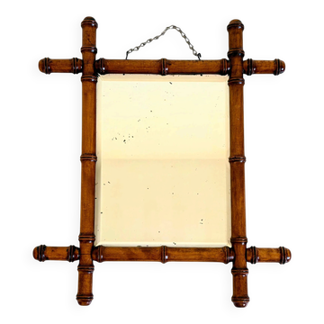 Miroir en faux bambou antique, verre biseauté, France, vers 1900, patine d'origine