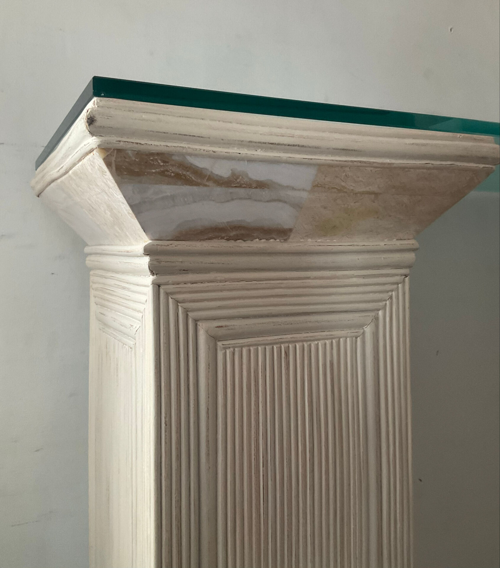 Console vintage en travertin, bois et verre