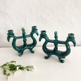 Duo of double green ceramic candle holders