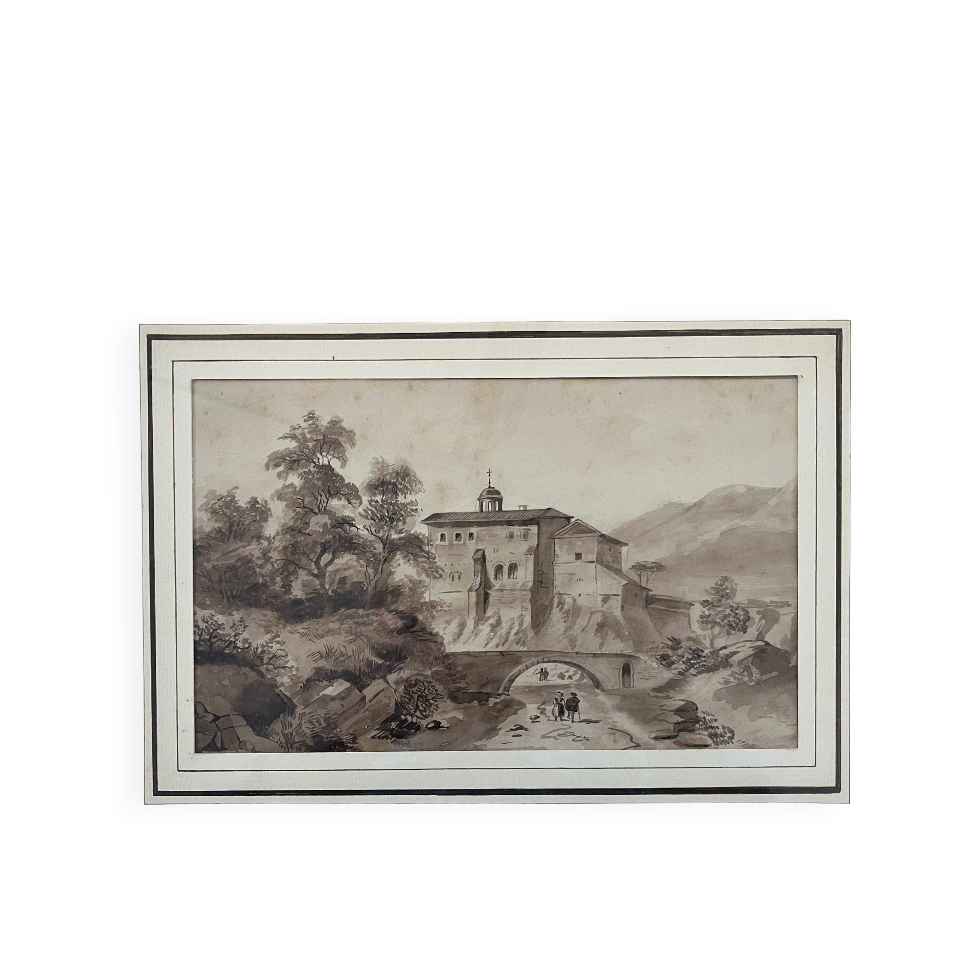 Original painting "Animated Monastery Landscape" around 1850 Italy?