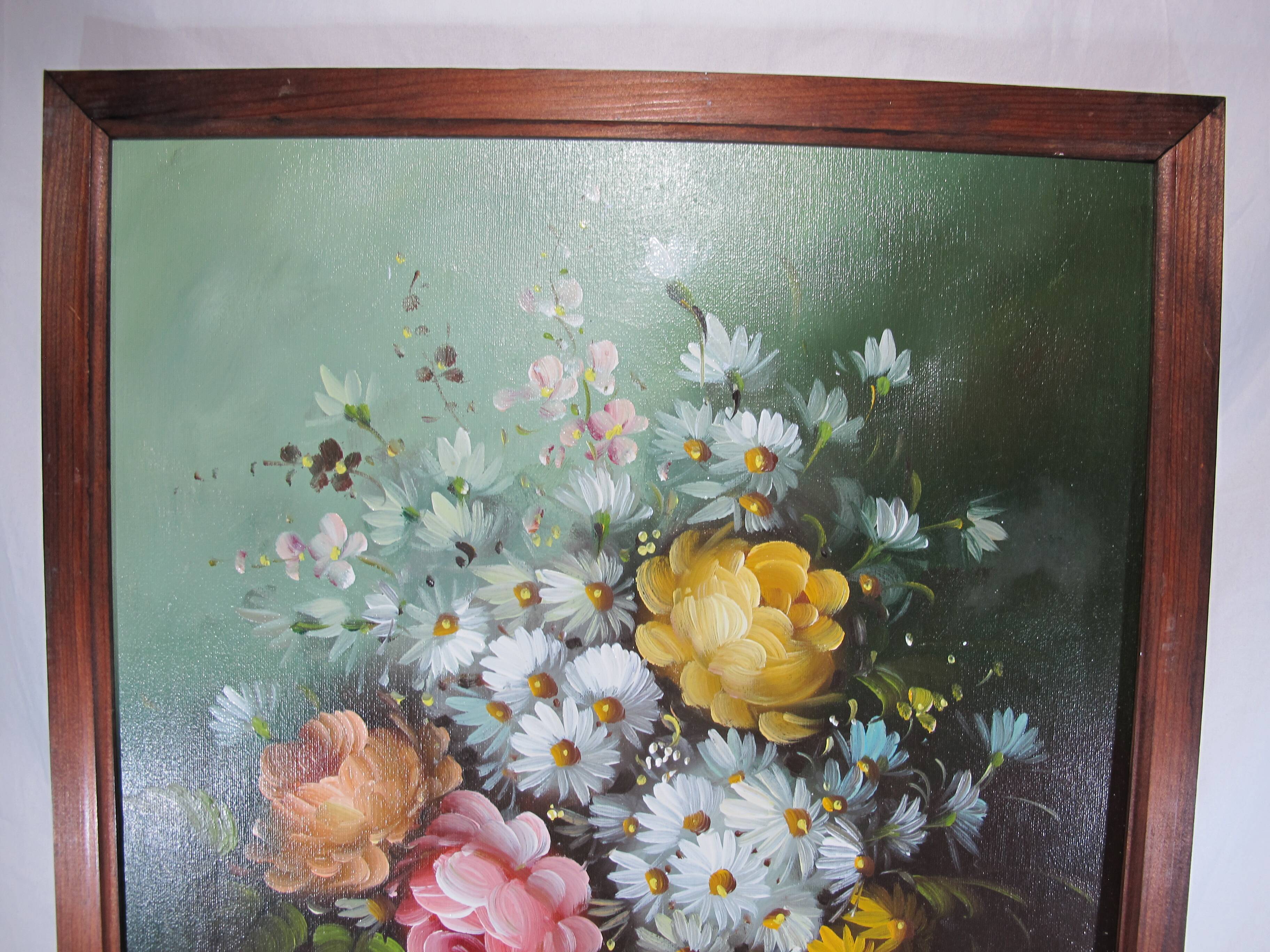 Oil painting still life vase bouquet of flowers signed