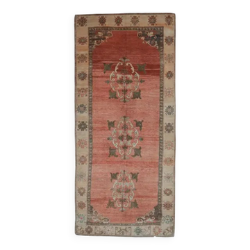 Vintage Turkish Oushak handmade pink cotton wool runner rug 163x370
