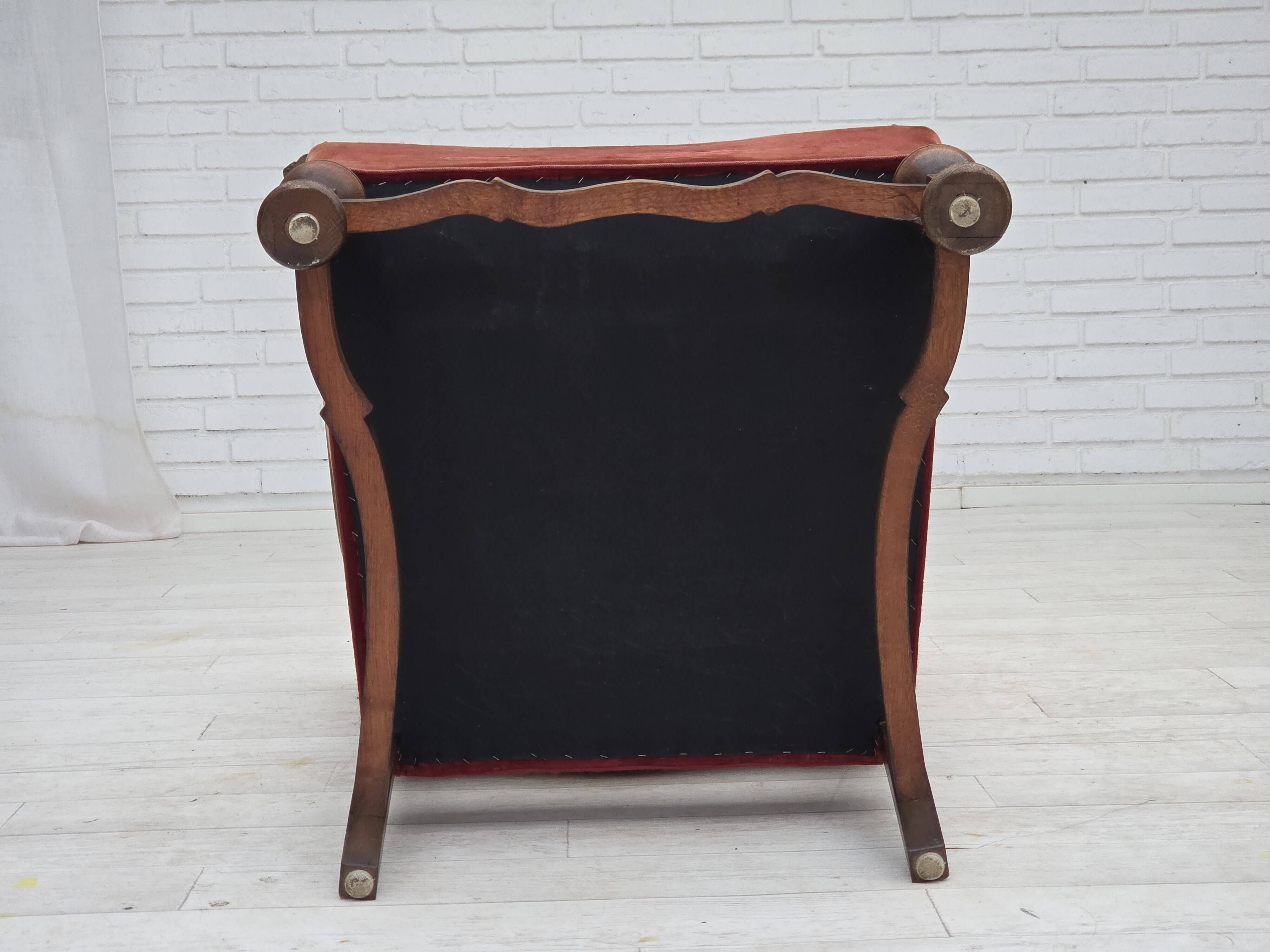 1950s, Danish wingback armchair, wool fabric, red furniture velour.