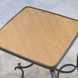 Pair of wrought iron side tables with oak tops, French work