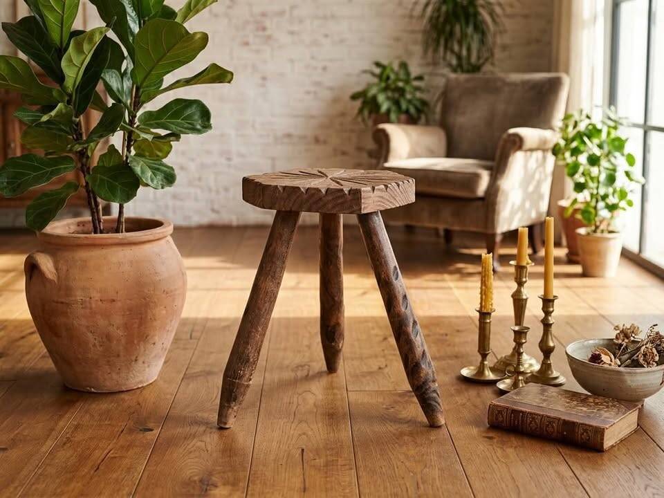 Vintage tripod stool in carved solid wood.