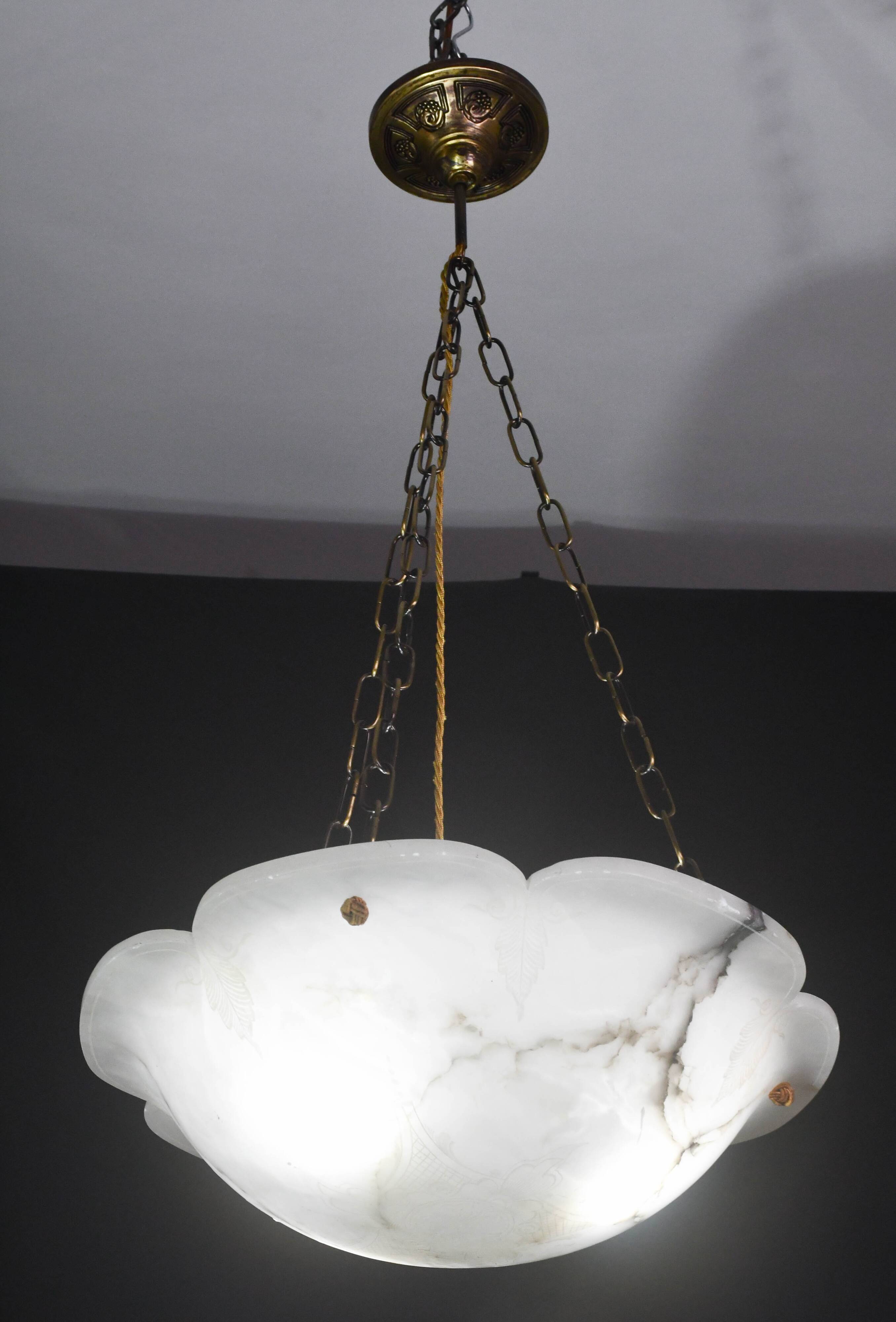 Great design extra large size Art Deco white alabaster chandelier, 1950s
