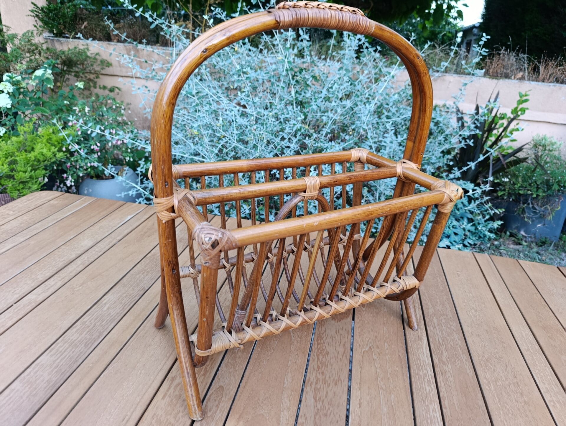 bamboo / rattan magazine rack, vintage, bohemian chic charm