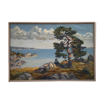 Huile sur toile Peinture de paysage du milieu du 20ème siècle, signée par l’artiste, encadrée