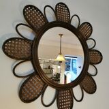 Miroir fleur vintage en rotin et cannage années 60/70