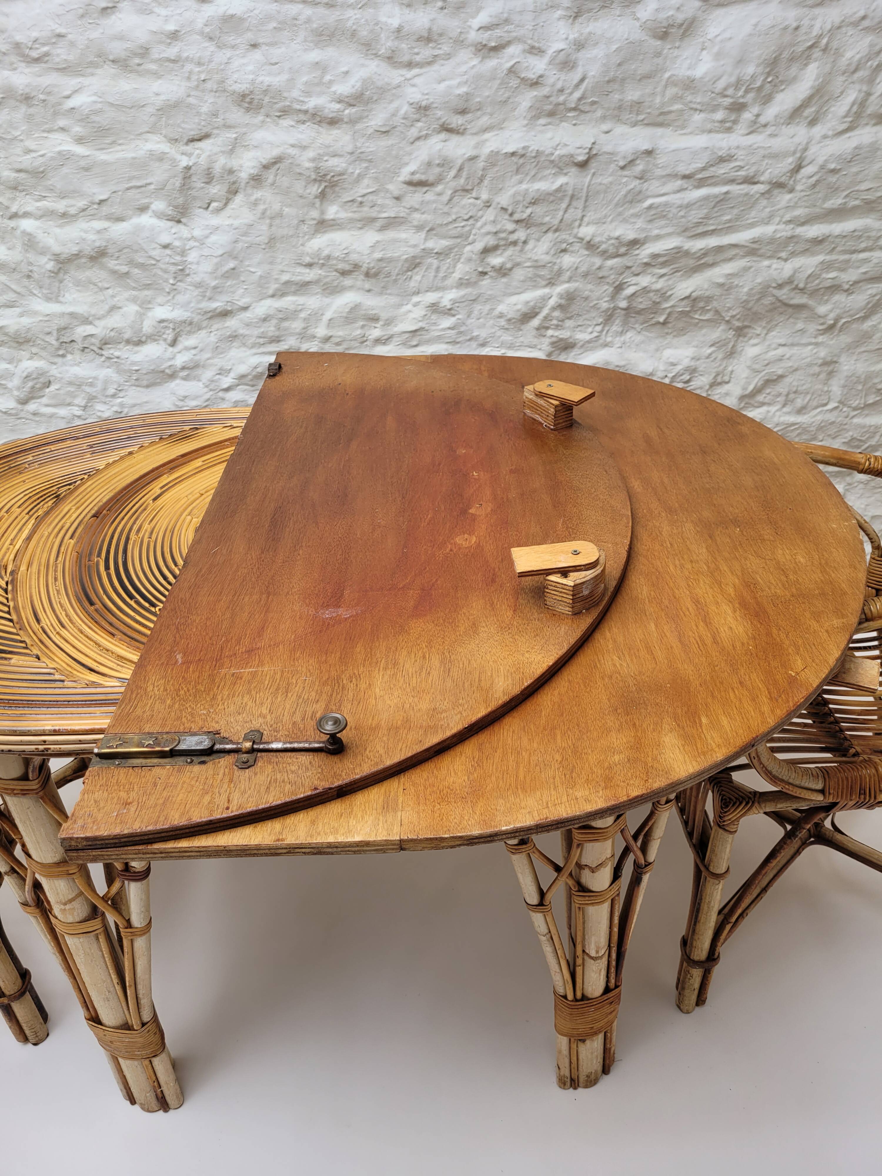 Vintage Audoux Minet bamboo, rattan, and smoked glass table duo.