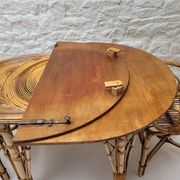 Vintage Audoux Minet bamboo, rattan, and smoked glass table duo.