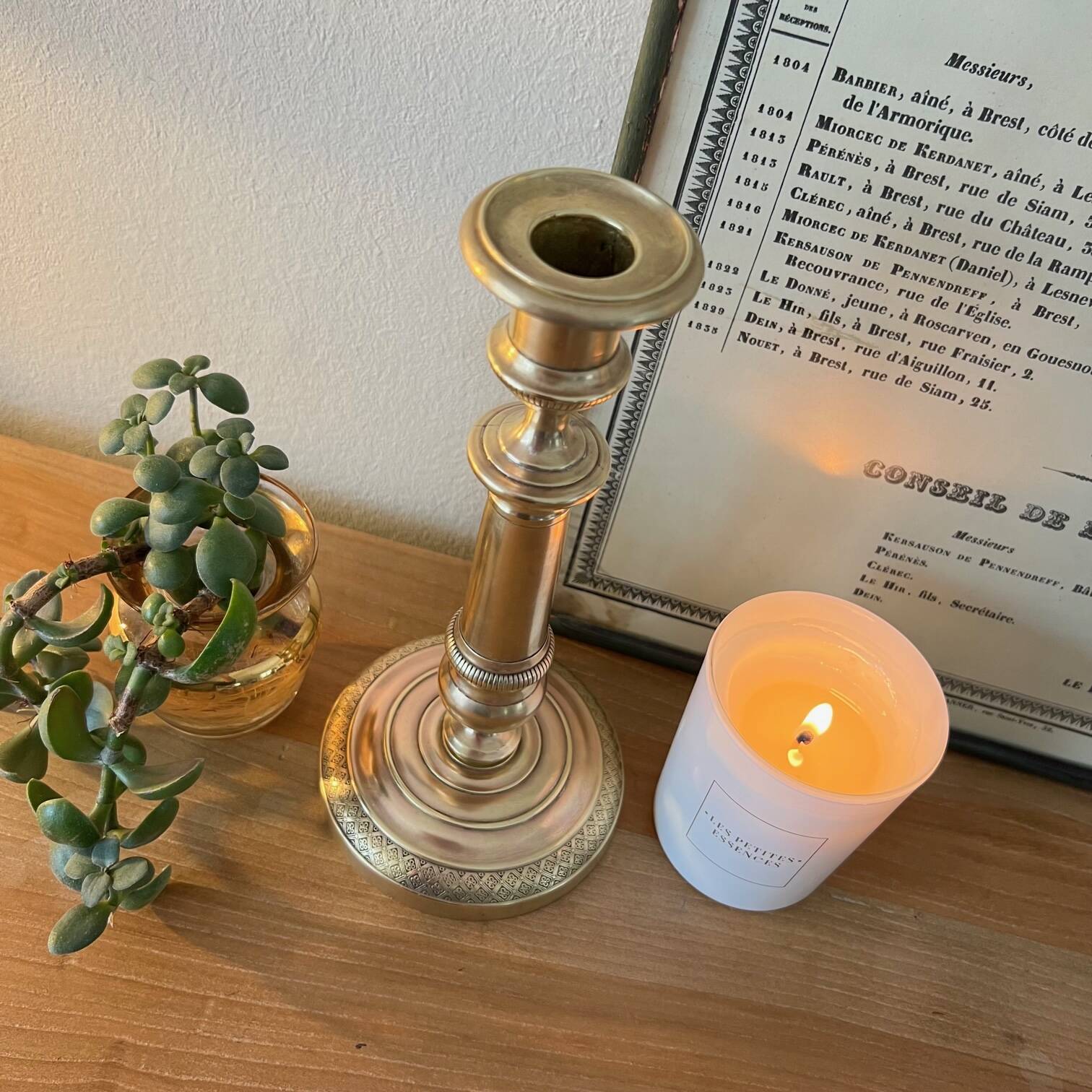 Large chiseled brass candle holder h23 cm