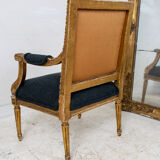 Pair of 19th century Louis XVI gilt armchairs newly re upholstered in holland and sherry fabric