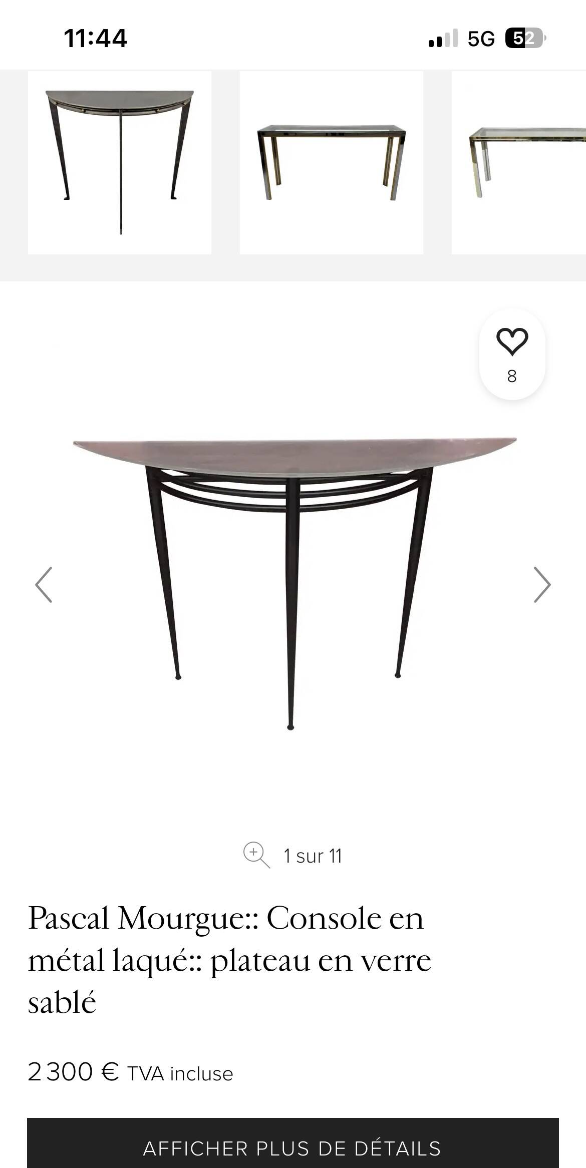 Console demie lune Pascal Mourgue plateau verre sablé pieds noirs