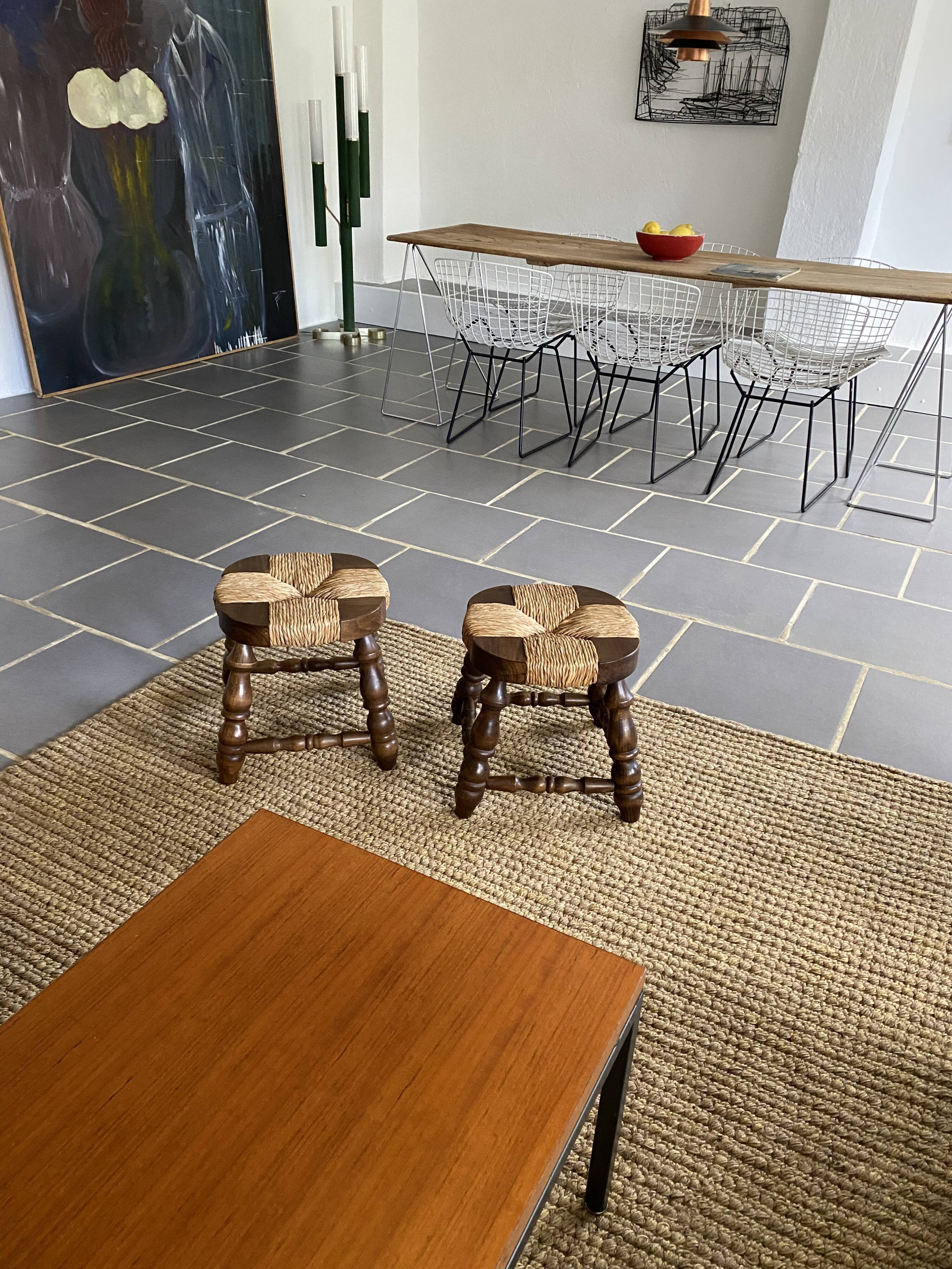 Paire de tabourets bois et paille vintage