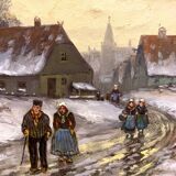 Oil on canvas "Snowy village animated by characters" XX century
