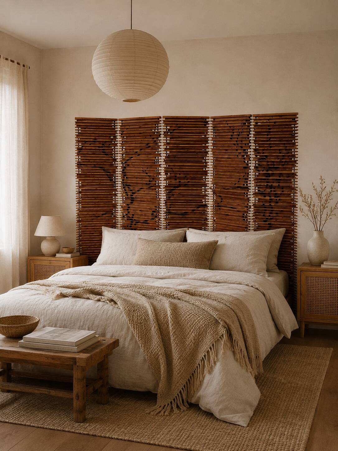 Wooden screen with slats, black plant decoration.