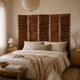 Wooden screen with slats, black plant decoration.