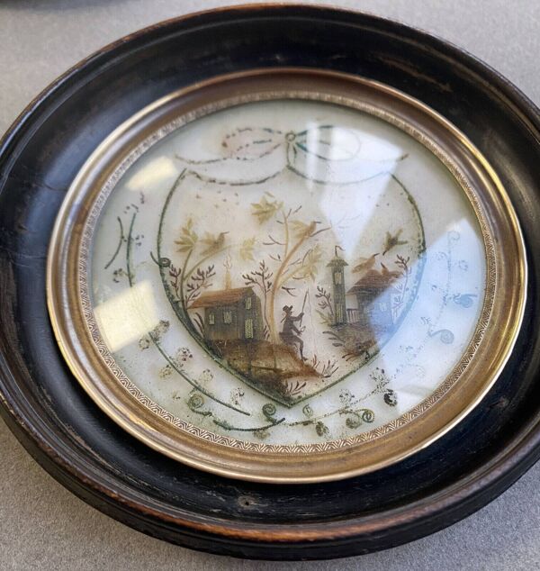 Pendant de miniatures tableaux XIX° Pêcheur et tombeau Nap. III