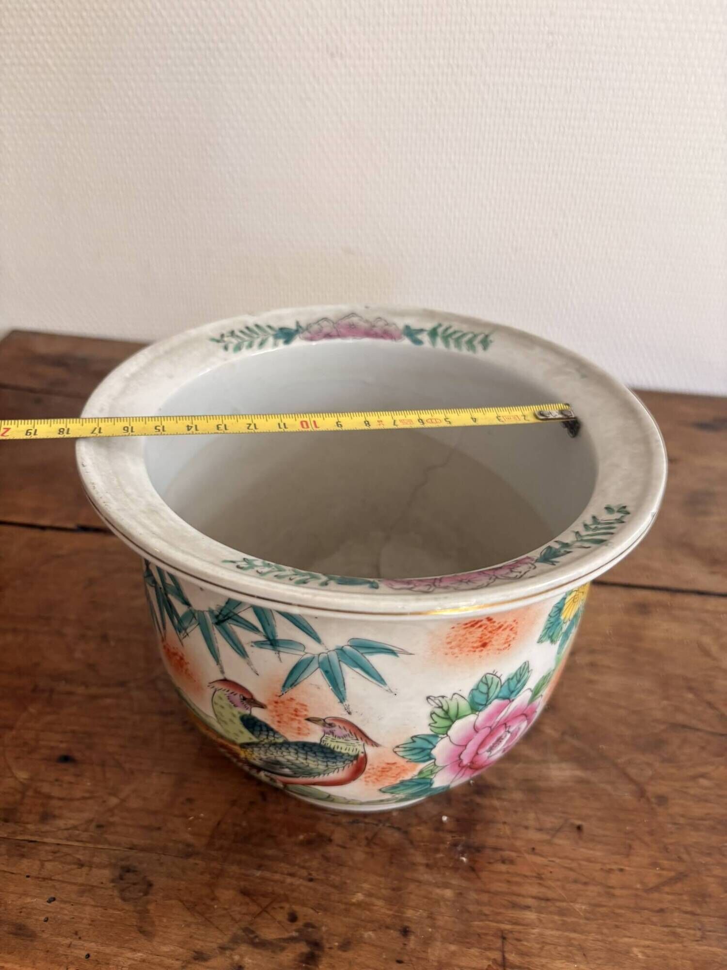 Cache pot jardinière decor pheasant China republic Famille Rose bamboo