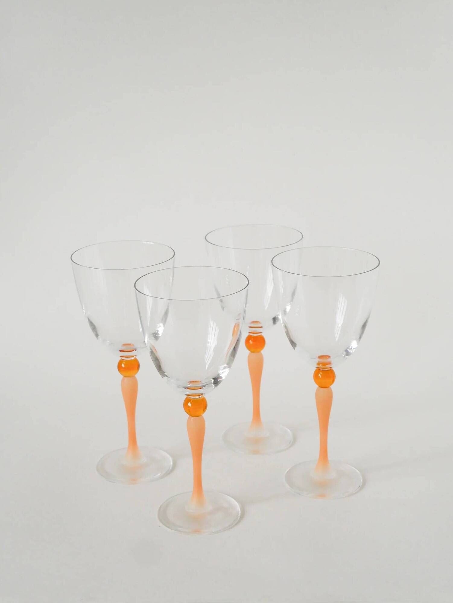 Set of 4 large wine glasses, orange, Art Nouveau, 1920.