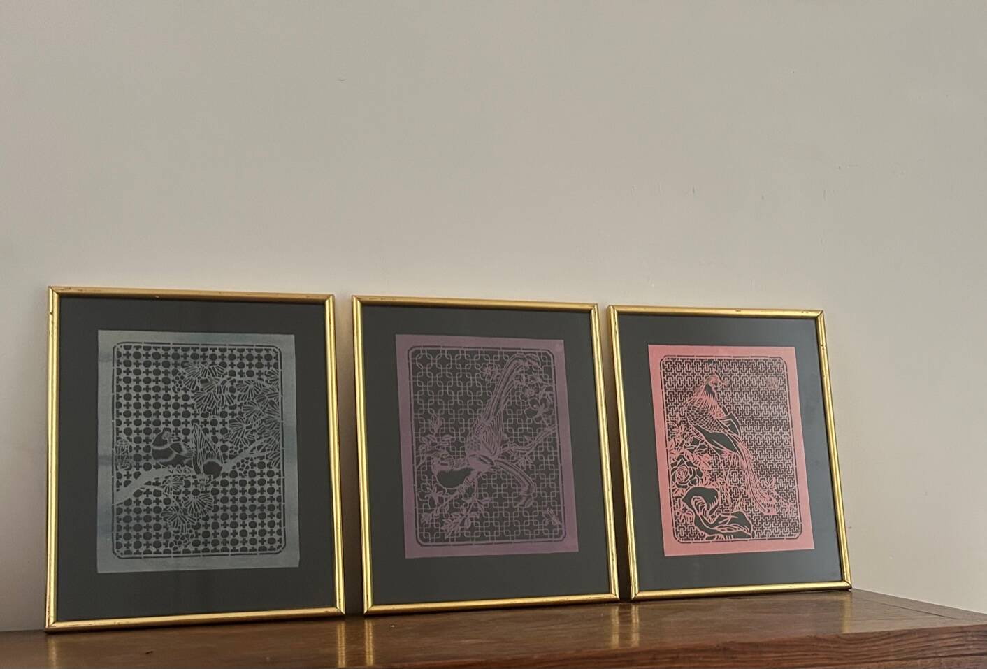 3 bird paintings in vintage Chinese cut paper