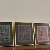 3 bird paintings in vintage Chinese cut paper