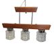 Mid-century pendant lamp with wooden frame and three pressed glass shades,