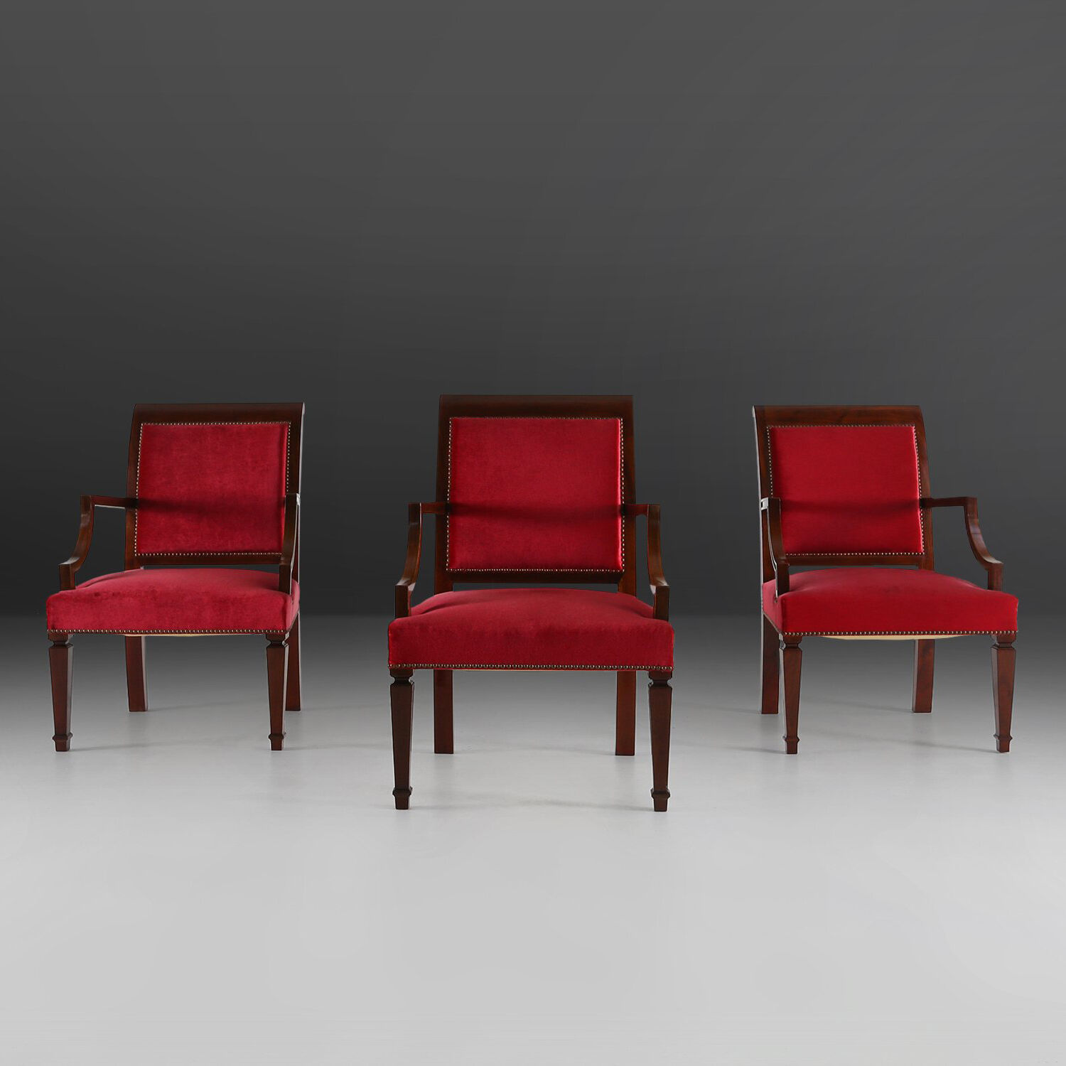 Empire‑Style Armchairs in Wood and Red Velvet, Belgium ca. 195