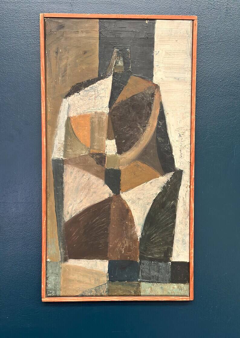 Original Swedish Oil on Canvas – "Abstrakt Komposition" by Hans Fritzdorf (1927–1990) – Vintage and Framed – 71 × 38 cm (28" × 15")