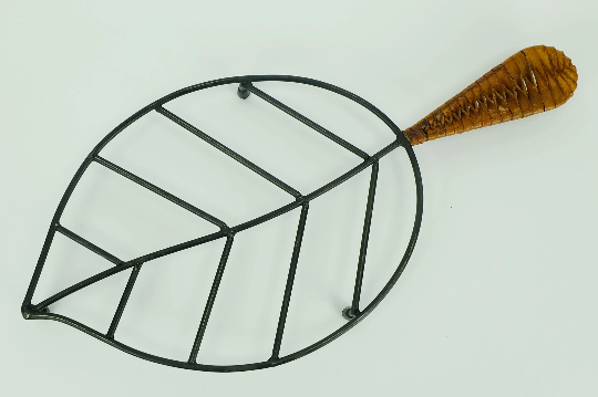 Danish modern leaf-shaped coaster metal and leather 1950s 60s