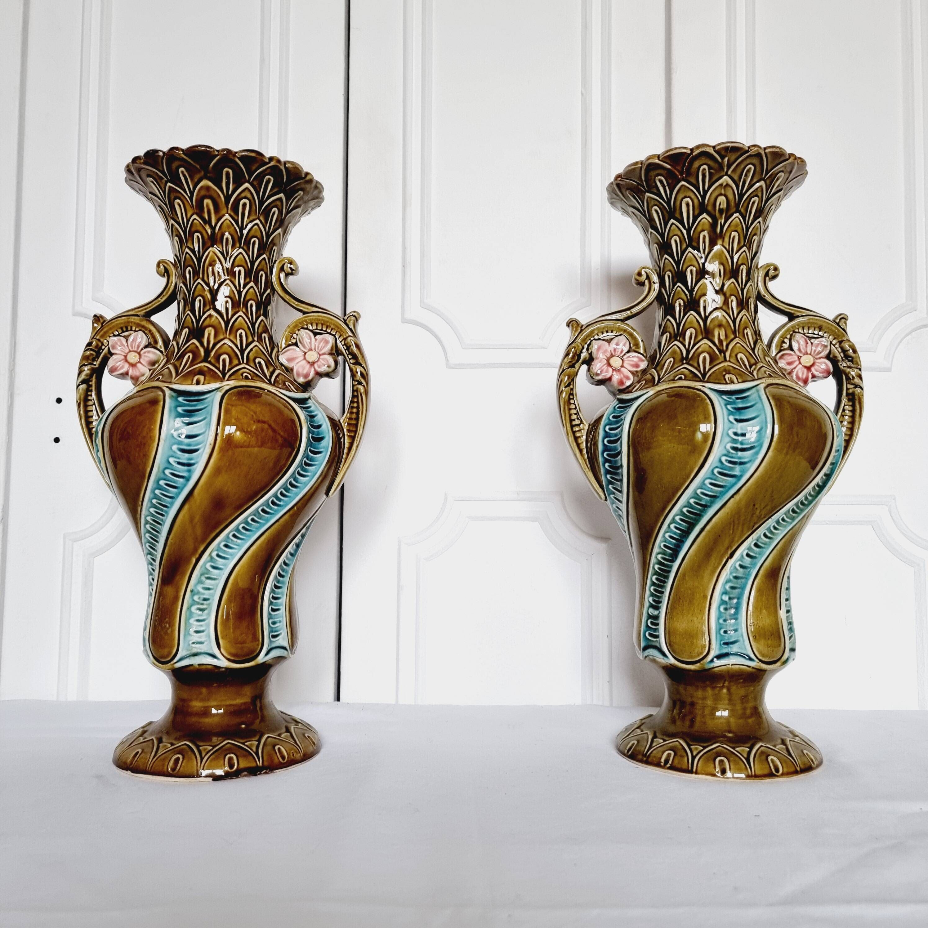2 Vases from the 1900s-1920s in French Ceramic Onnaing Barbotine Art Nouveau