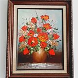 Oil on canvas bouquet of red flowers signed