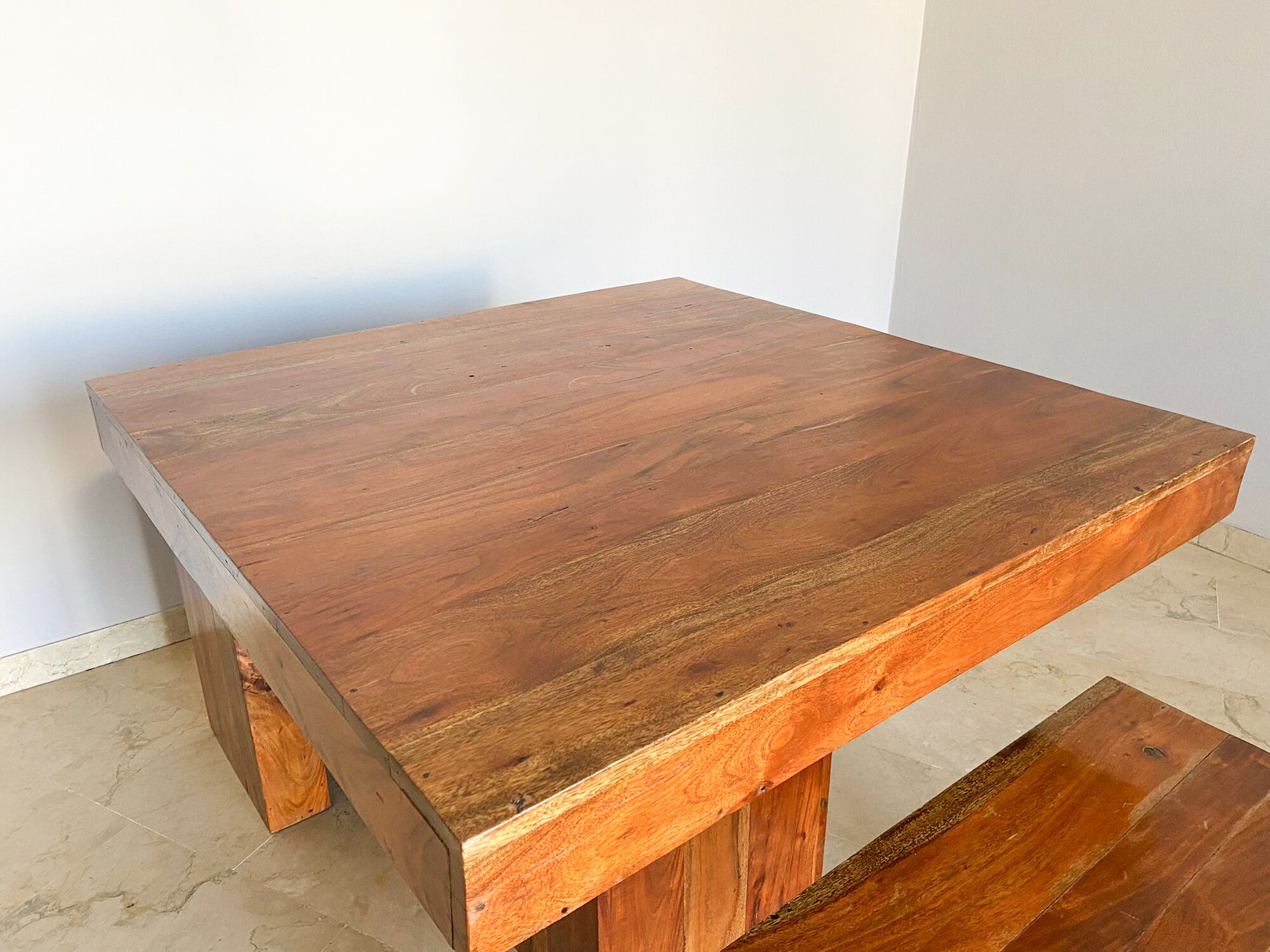 Set dining table plus 2 benches in solid teak wood, Italy 1970s