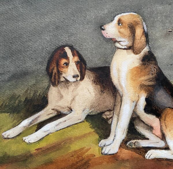 Pendant Tableaux aquarelle XIX° Chiens anglo-artésiens et récri signé H. de L.C.