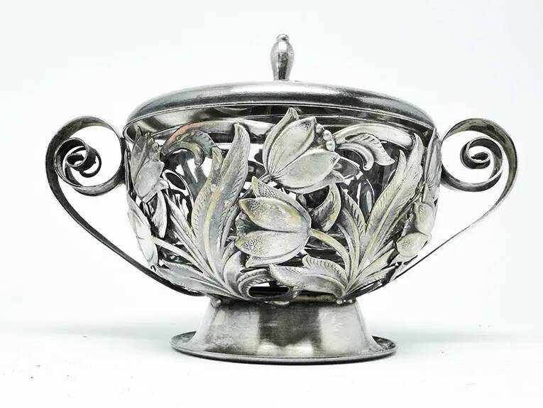 Sugar bowl, postmodernism, silver-plated brass, HEFRA, Poland, 1970s