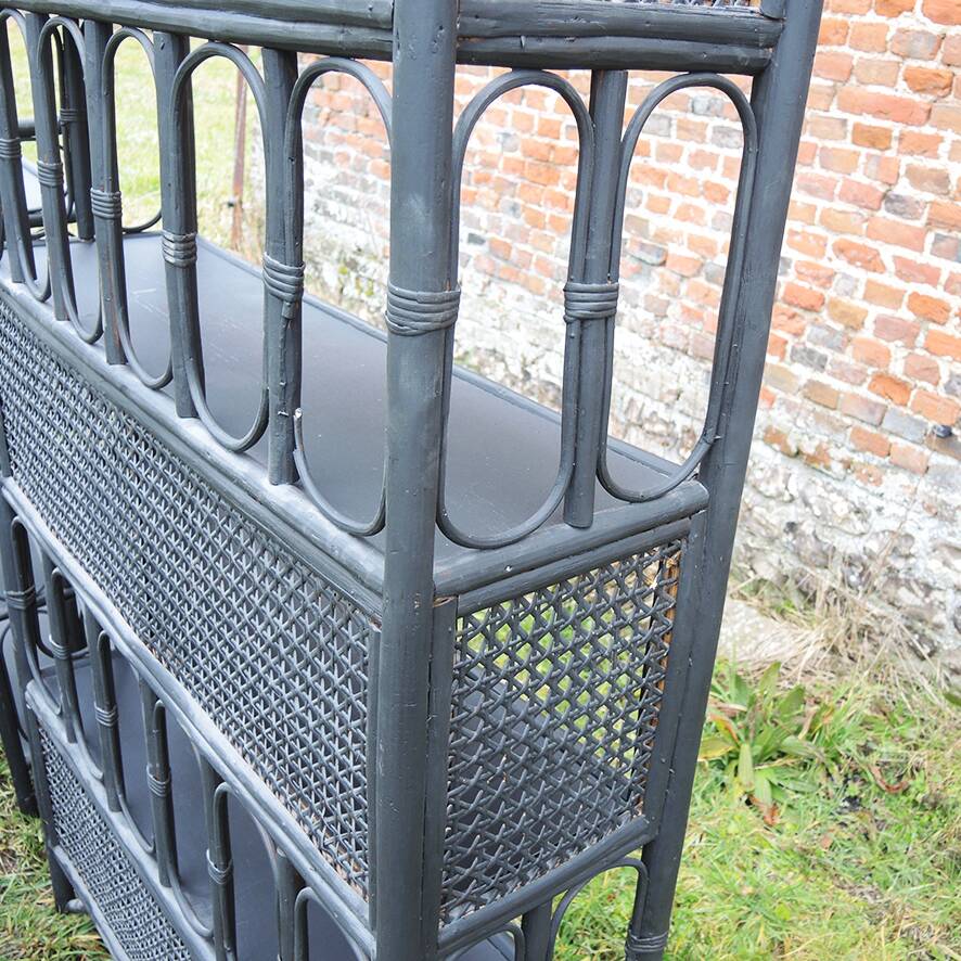 3 Antique Black Rattan Bookcases and Shelves