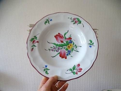 Kg luneville "réverbère" 5 deep plates earthenware hand-painted flowers ø 25 cm