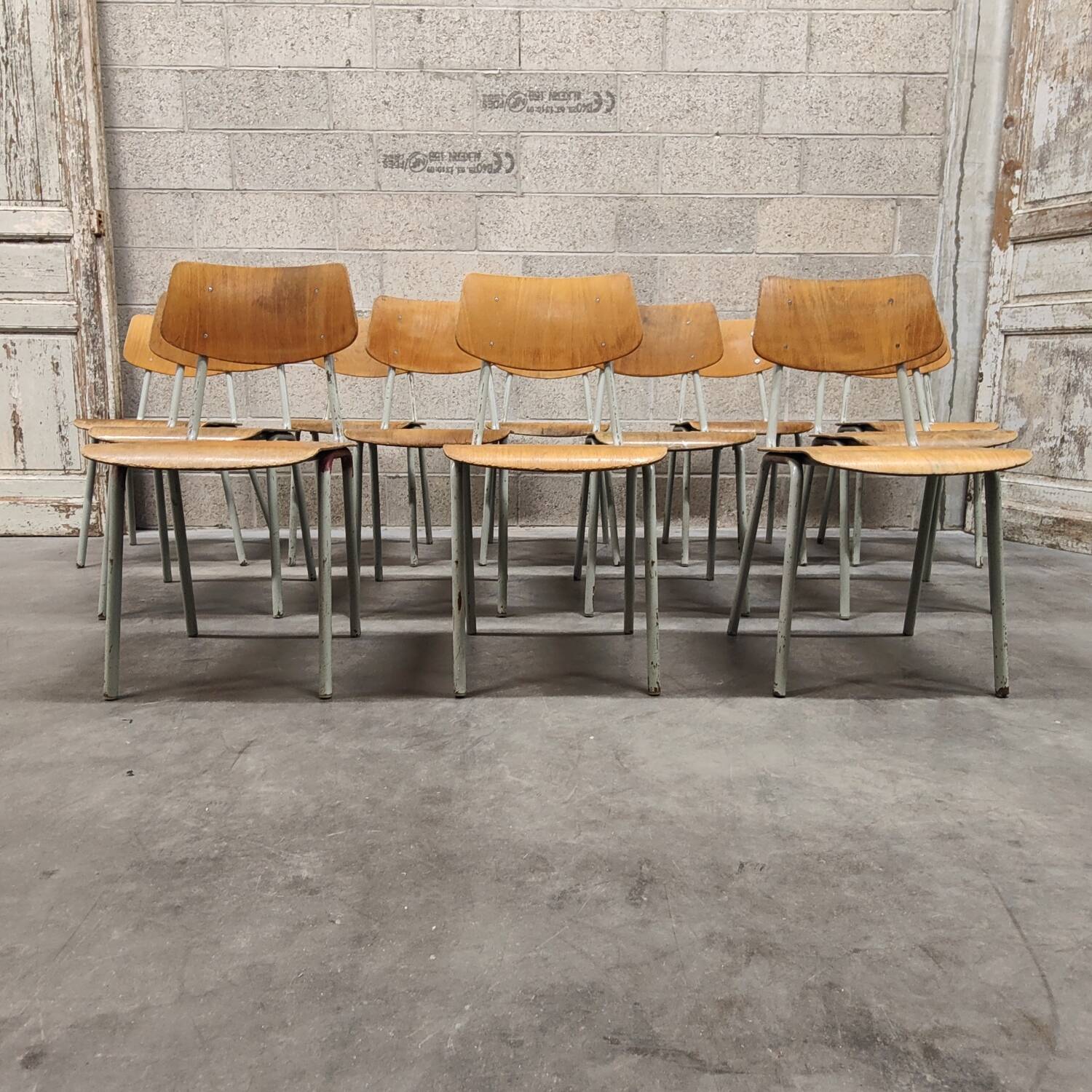 Set of 12 metal and wood school chairs Czechoslovakia Kovona
