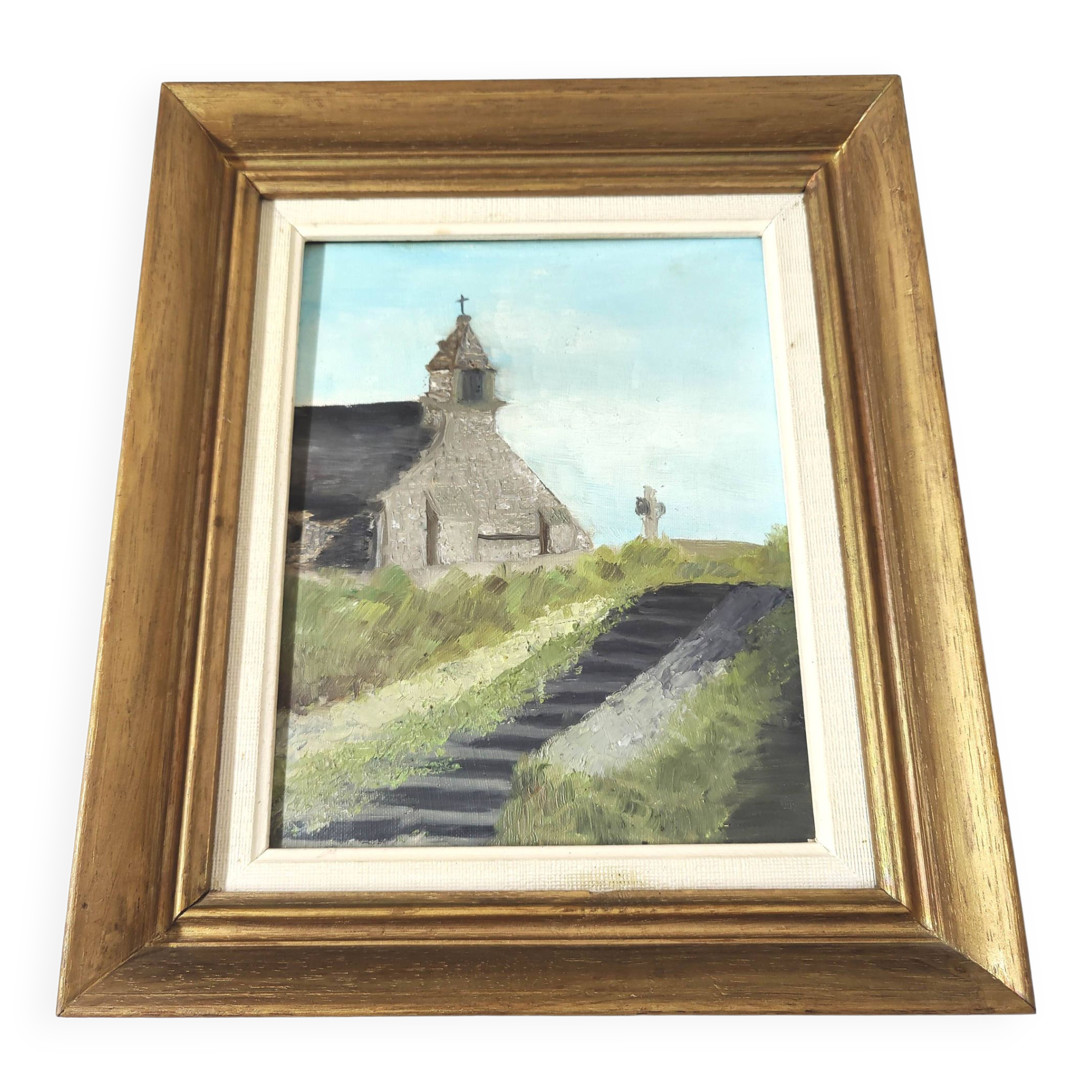 Breton church painting painting, golden wood frame