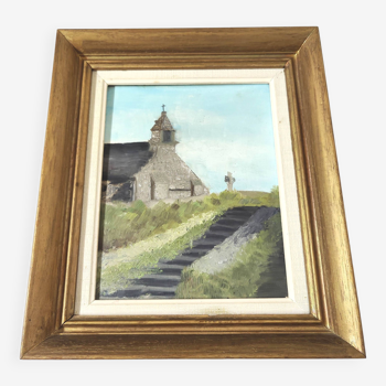 Tableau peinture église bretonne cadre bois doré