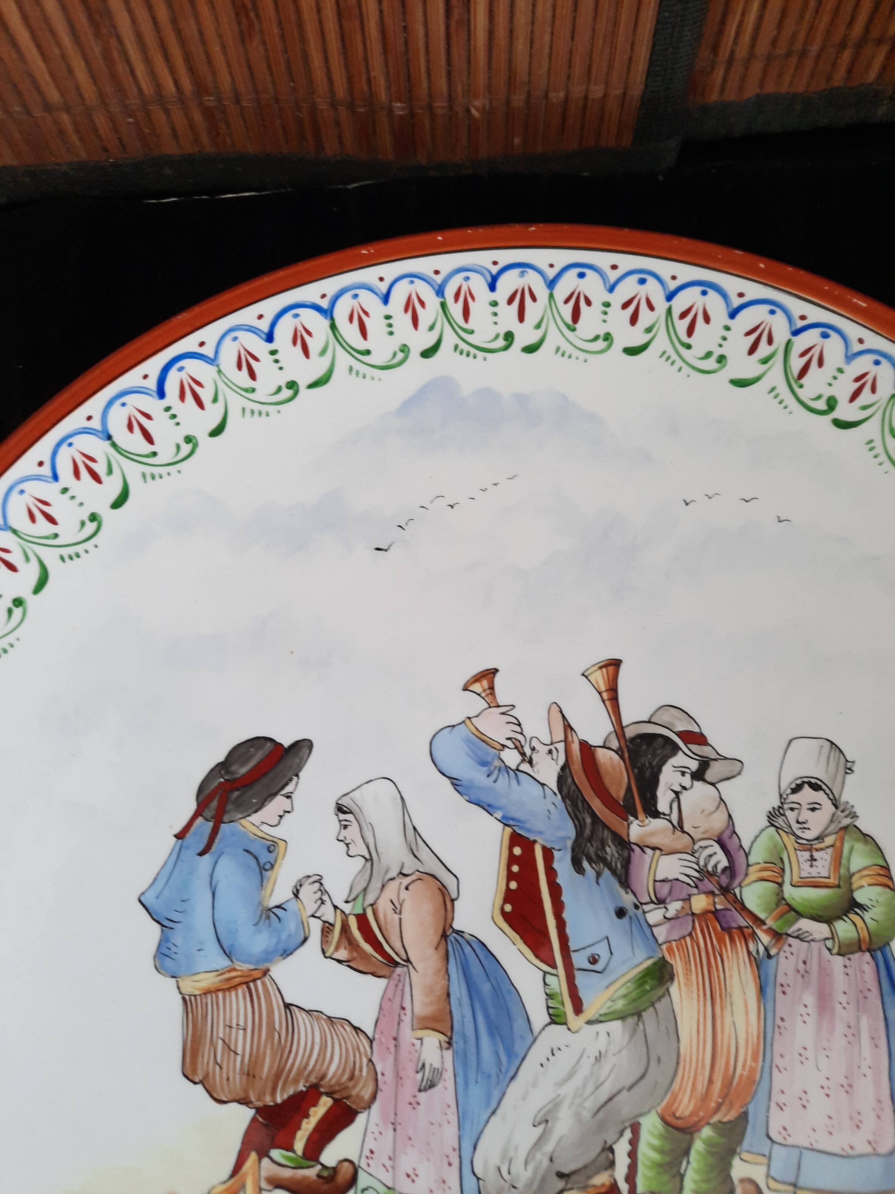 Large Round Antique Plate 33 cm Ceramic Pierrefonds - Regional Dance Decoration