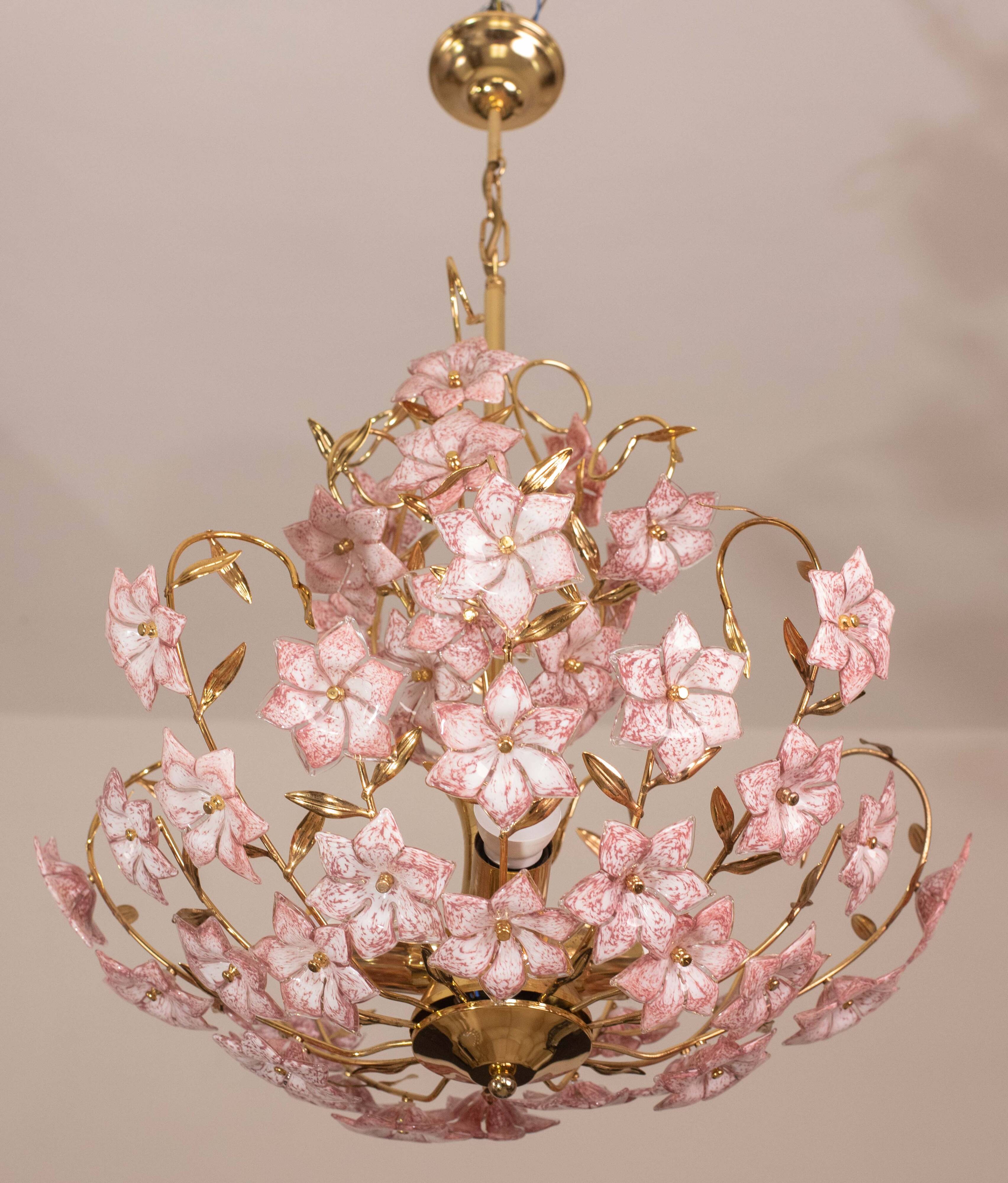 Vintage Murano Glass Chandelier Pink Flowers, 1970