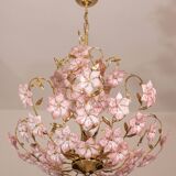 Vintage Murano Glass Chandelier Pink Flowers, 1970