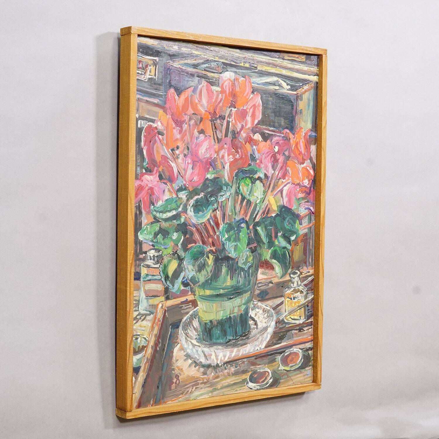Oil painting by Alexander Michael of cyclamen (Alpenveilchen), 1978