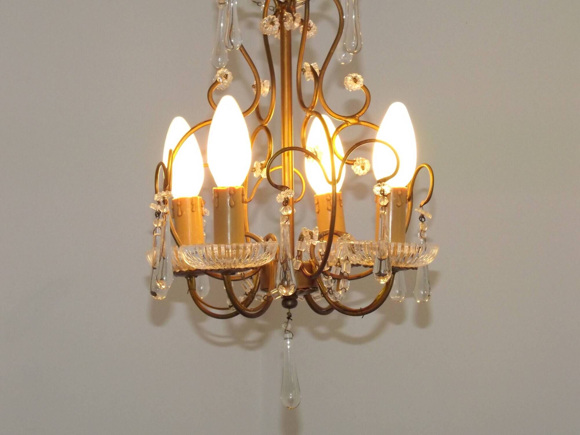 Vintage French 4 Arm Gilded Metal Cage Chandelier Beads Clear Murano Drops