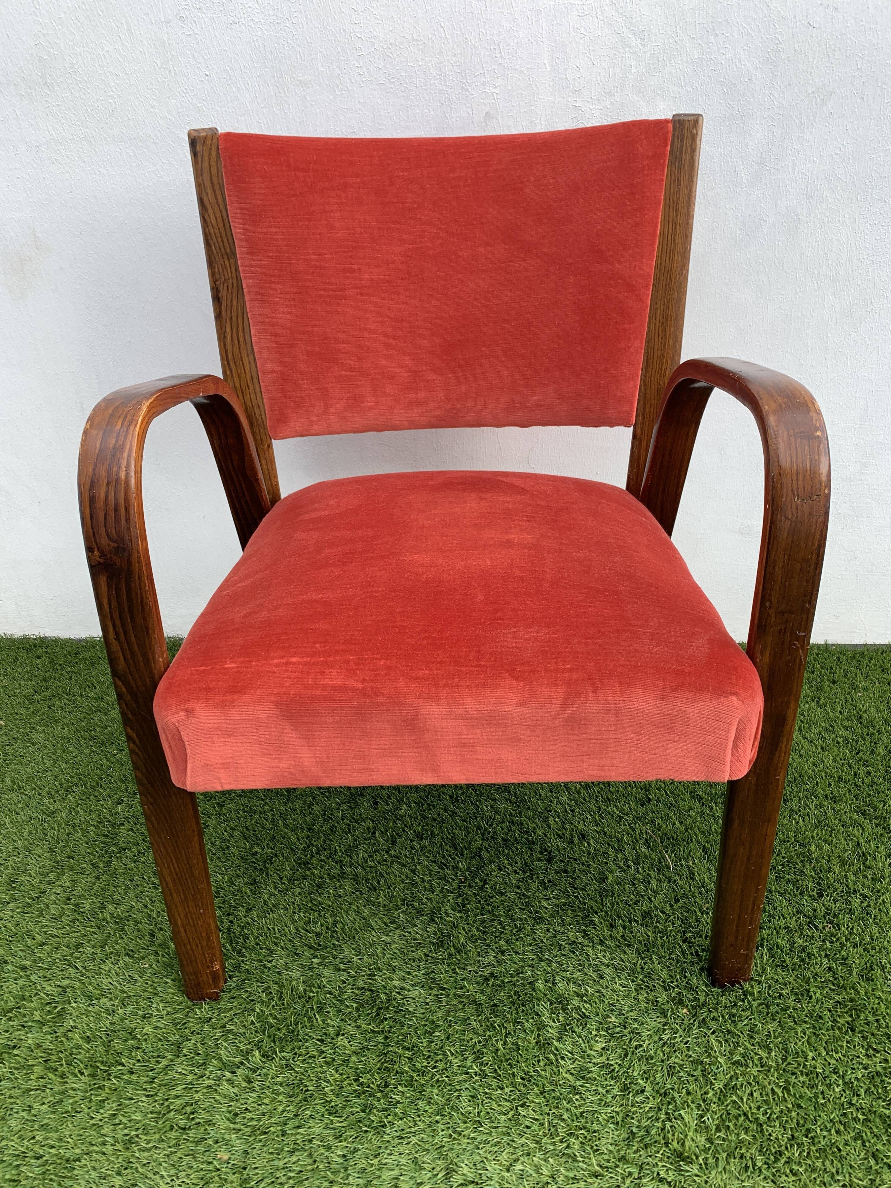 Hugues Steiner armchair, bow-wood model, curved wood and velvet, 1950